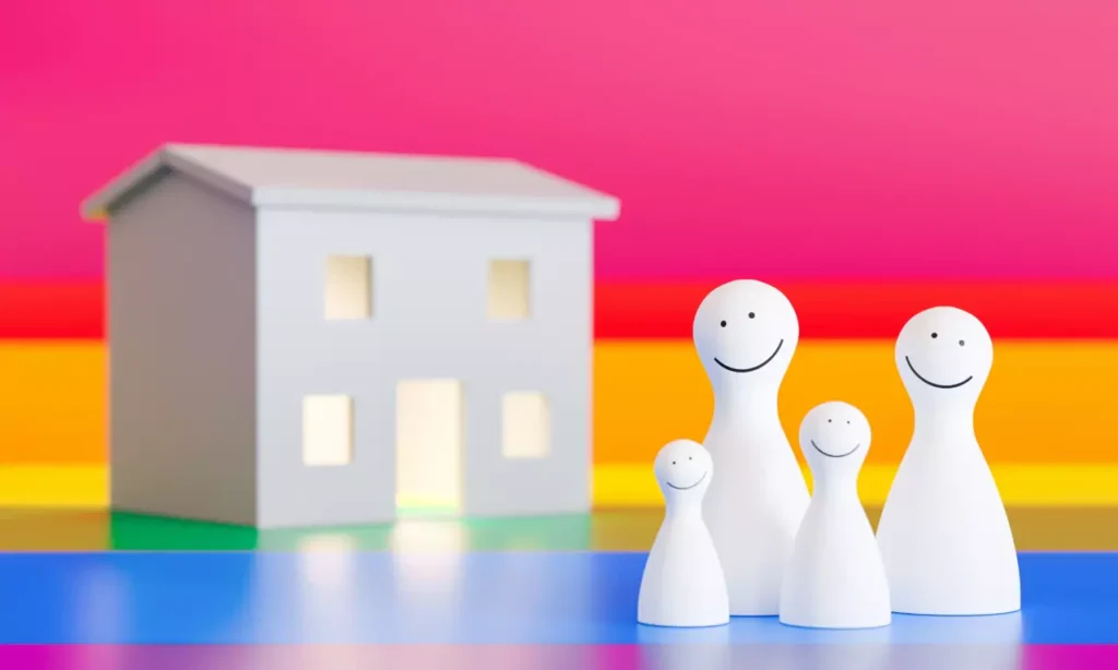 lgbt family figures on rainbow background homosex